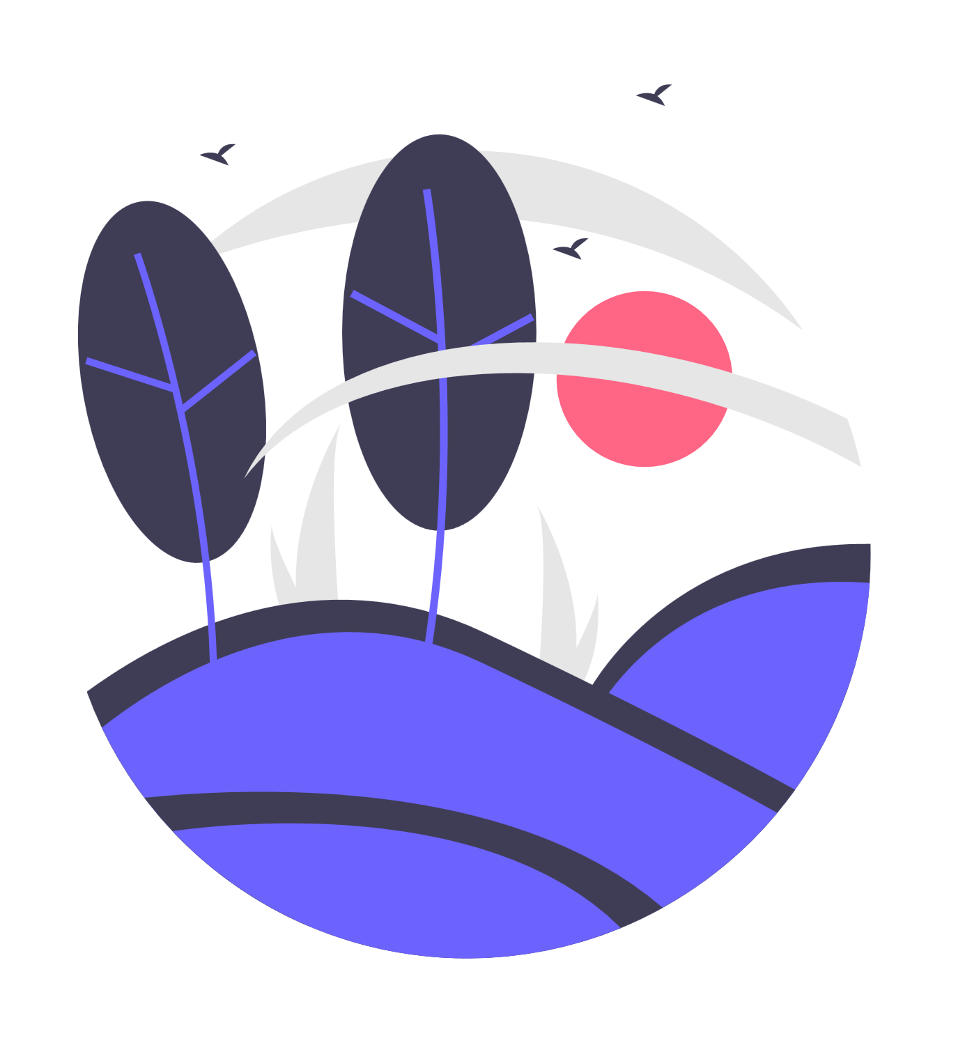 Un disque avec des feuilles, des oiseaux et un soleil rose